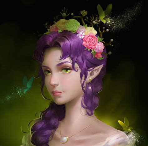 1080p free download elf girl frumusete art girl elf purple pink fantasy flower green