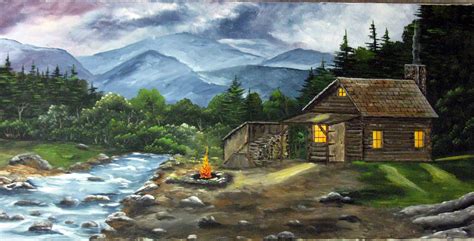 Acrylic Paintingcanvas Paintingcabin Log Cabin Mountains