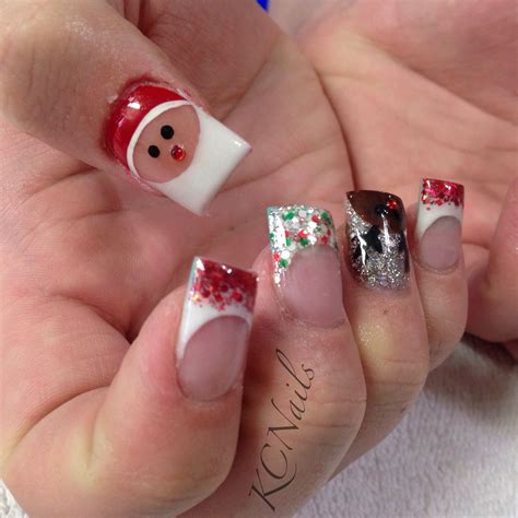 Christmas Nails Santa And Reindeer Hand Painted Nail Art Pink And