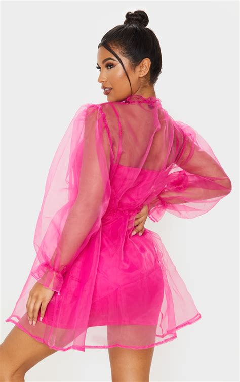 Hot Pink Organza Puff Sleeve Smock Dress Prettylittlething Aus