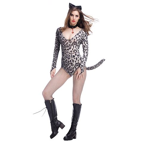 Sexy Leopard Wild Cat Women Catsuit Jumpsuit Teddy With Neck Ring And Ear Role Play Bodysuit
