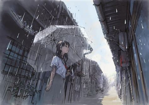 Anime Girls Women Rain Umbrella Wallpapers Hd Desktop