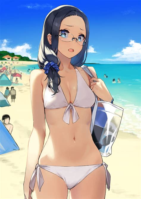 miyabi92 dark hair blue eyes cleavage anime anime girls artwork beach glasses bikini