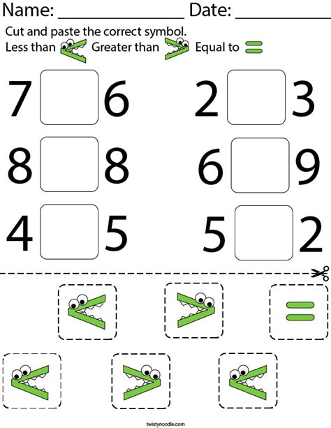 Cut And Paste The Correct Symbol Math Worksheet Twisty Noodle