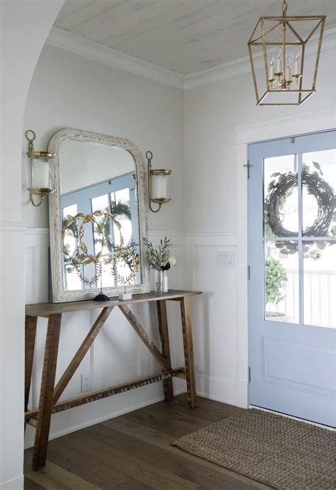 Farmhouse Cottage Style Foyer Design Mirror Rug Lighting Wall