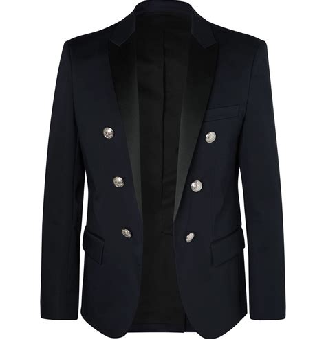 Balmain Navy Slim Fit Double Breasted Satin Trimmed Cotton Blend