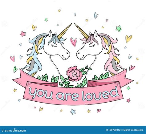 Cute Poster Greeting Card Apparel Print With Two Unicorns Flowers