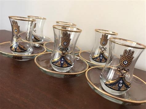 Hamsa Evil Eye Gold Gilding Glass Cups and Saucers Çay
