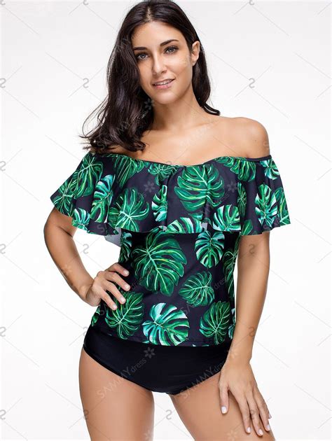 Off Shoulder Flounce Leaves Print Swimsuit Deep Green Xl Leaf Print Swimsuit Flounce