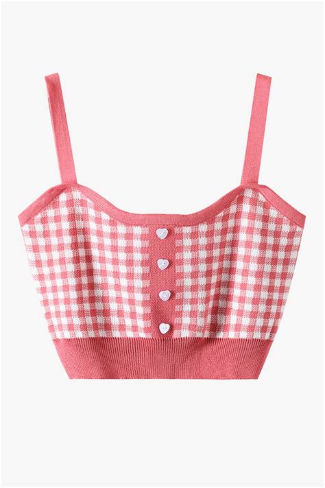 Short Knitted Plaid Crop Top Heart Buttons In Black Orange Pink And