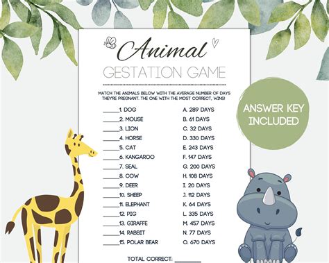 Animal Gestation With Answers Baby Shower Game Mx