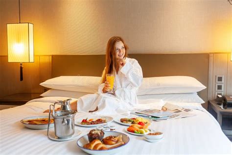 Food In Bed Serve In Luxury Hotel Woman On Vacation Enjoy Breakfast