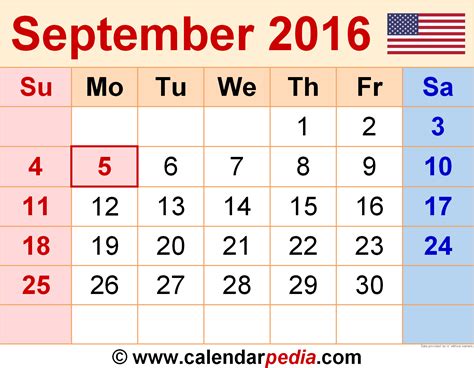 September 2016 Calendar Templates For Word Excel And Pdf