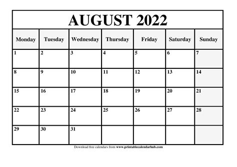 August 2022 Printable Calendar Template Pdf Word Excel Printable