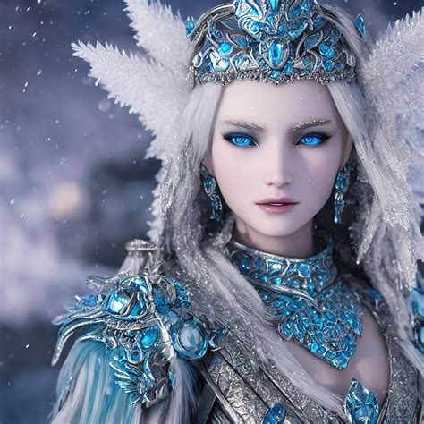 Ice Goddess With Beautiful Face With A Glowing Blue Crystal On H