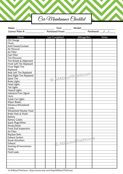 Editable Car Maintenance Checklist Auto Log Vehicle Checklist Vehicle