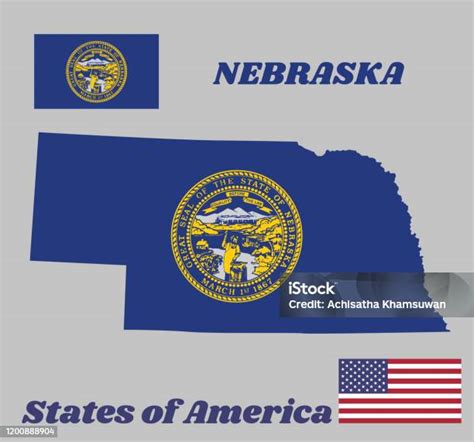 Karte Umriss Und Flagge Von Nebraska Und Der Name Des Staates Siegel