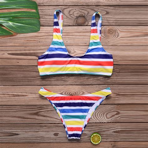 Womens Sexy Bra Bikini Set Striped Bathing Suit Sling Push Up Padded