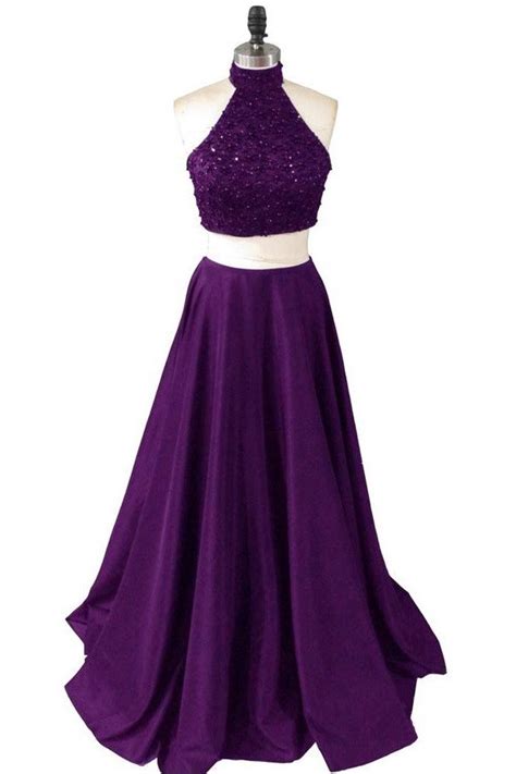 Dark Purple Two Piece Halter Satin Prom Dresses Two Piece Prom Dresses