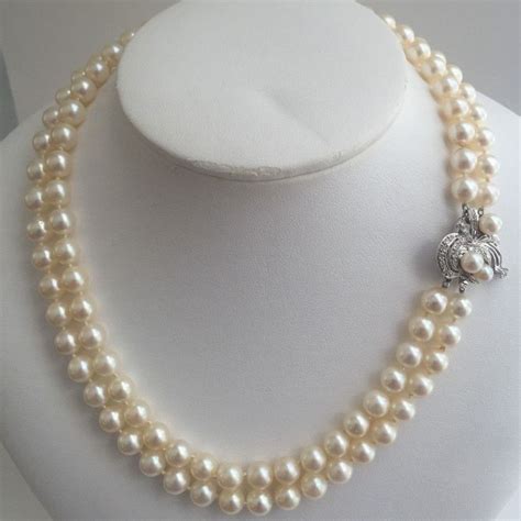 Vintage 14kt White Gold Diamond And Two Strand Akoya Pearl Necklace 7mm Cheap Pearl Necklace
