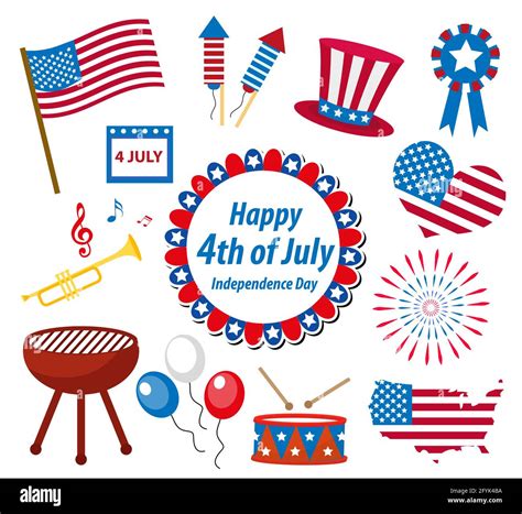 4th July Independence Day America Celebration In Usa Icons Set Design
