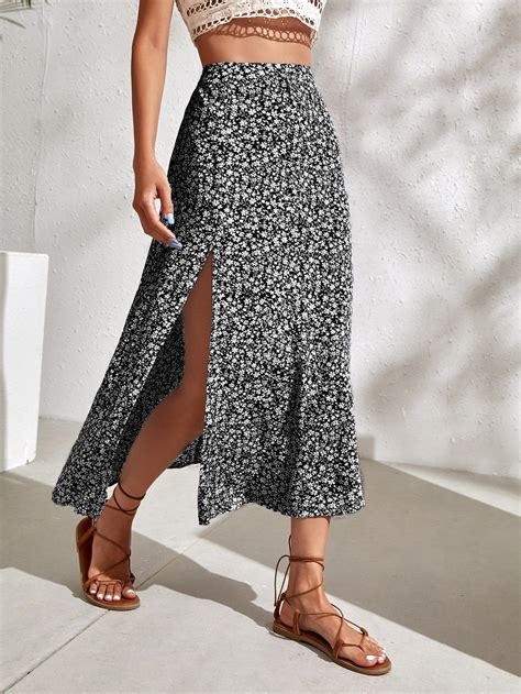 Ditsy Floral Split Thigh Skirt Casual Skirt Outfits Long Skirt Outfits Floral Skirt Outfits