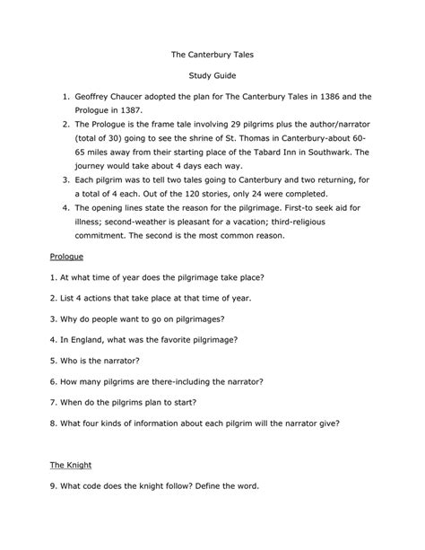 General Prologue To The Canterbury Tales Study Questions Answers