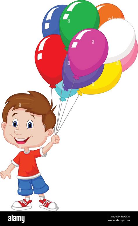Cartoon Boy With Bunch Of Colorful Balloons In His Hand Stock Vector