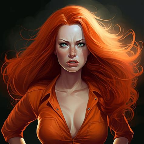 premium ai image a woman with red hair and a red shirt with a green eyes