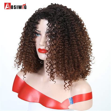 aosiwig synthetic wig black mixed brown kinky curly wigs for black women afro wig synthetic hair