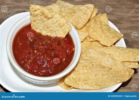 Picante Sauce In White Bowl With Tortilla Chips Stock Photo Image Of
