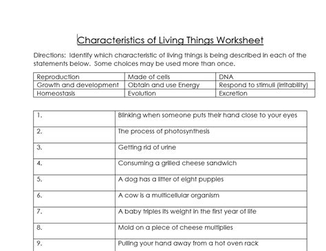 Characteristics Of Living Things Worksheet Biology Life Sciences