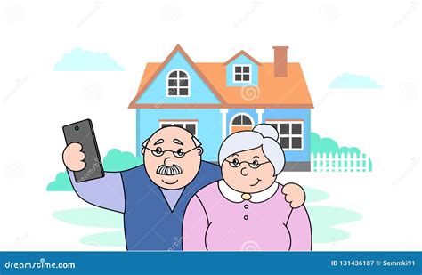 Vector Illustration Old Happy Old Man And Old Lady Making Selfies On