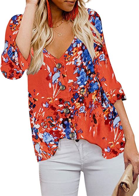 Elapsy Womens Floral Printed Long Sleeve Blouses Button Down Autumn