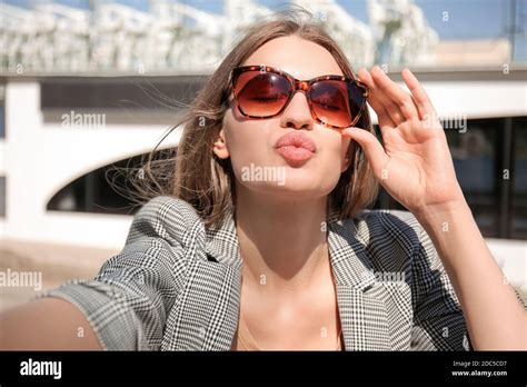 Beautiful Young Woman Taking Selfie On Quay Stock Photo Alamy