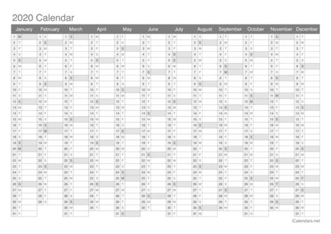 2020 Printable Calendar Pdf Or Excel Name Day