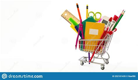 School Office Supply And Stationery In A Shopping Trolley Isolated On
