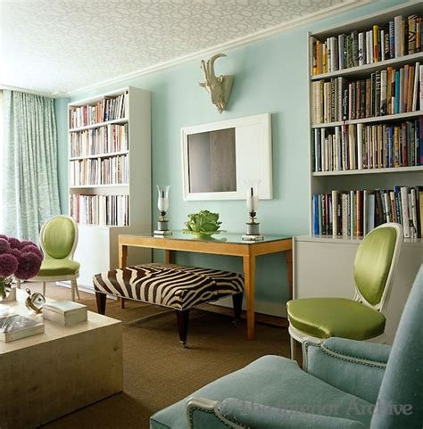 General view of the living room which is painted a robin's-egg blue