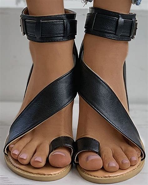 Toe Ring Buckle Ankle Strap Flat Sandals In 2021 Ankle Strap Sandals