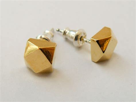 Large Gold Faceted Cube Stud Earrings Hook Matter Handmade Modern