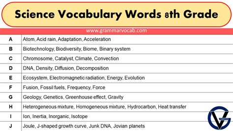 Science Vocabulary Words 8th Grade Grammarvocab