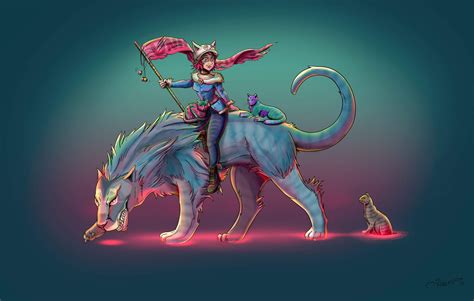 Wallpaper Fantasy Art Anime Cat Girl Summoner Magic Digital Tiger Lion Glowing