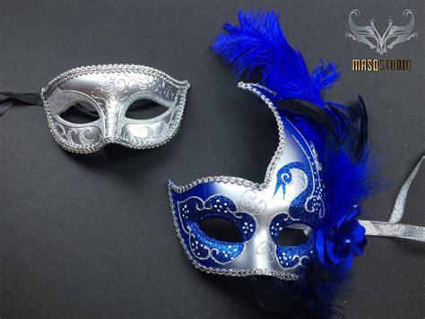Couple Masquerade Mask Set Venetian Feathered Royal Blue Silver Masque