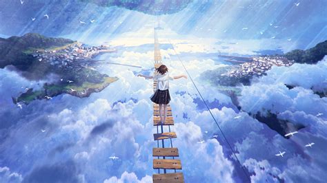 Download Wallpaper 1920x1080 Anime Girl Walking On Dream Bridge Clouds