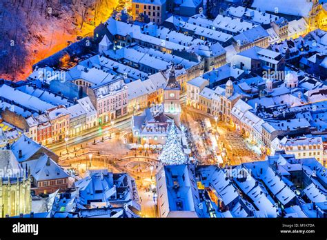 Brasov Romania Christmas Market In Main Square With Xmas Tree And