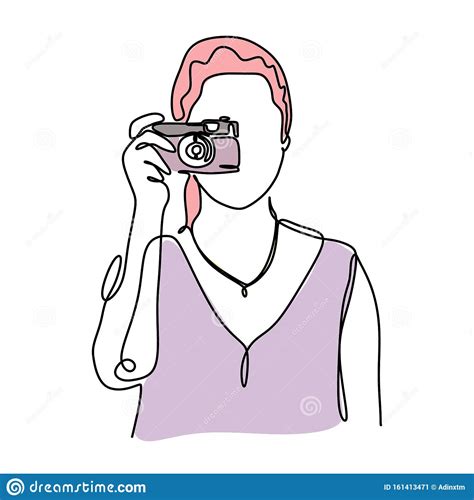 Continuous One Line Drawing Of Portrait Of Woman Holding Camera To