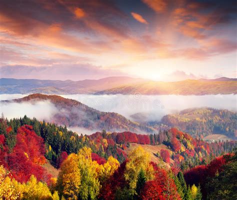 Colorful Autumn Landscape Mountain Village Foggy Morning Stock Images