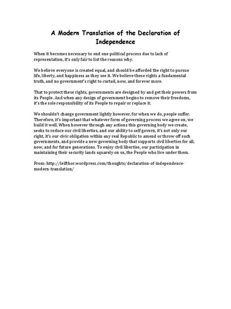 Declaration Of Independence Modern Translation Pdf Liberty Justice
