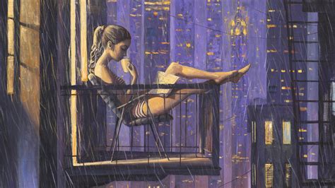 Girl Reading Book Drinking Coffee While Sitting On Balcony Painting