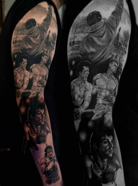 Rocky Balboa Themed Black And Grey Realistic Sleeve Tattoo Boxing